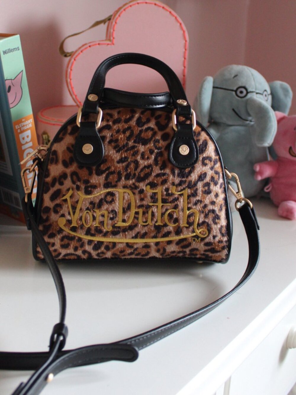 Von Dutch Leopard Vegan Pony Hair Bowling Bag Crossbody NWT
